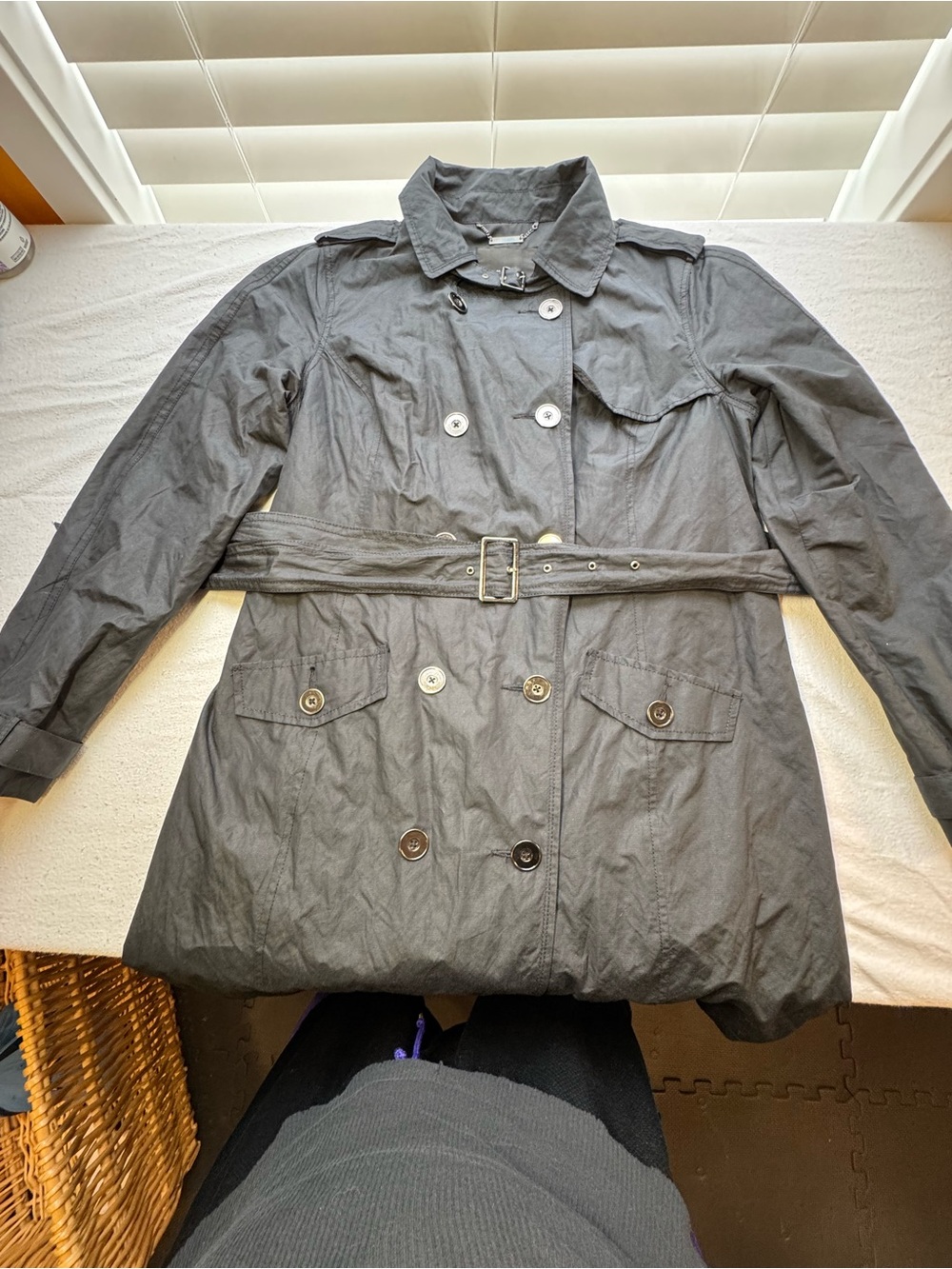 Classic Black Double-Breasted Trench Coat with Waist Belt